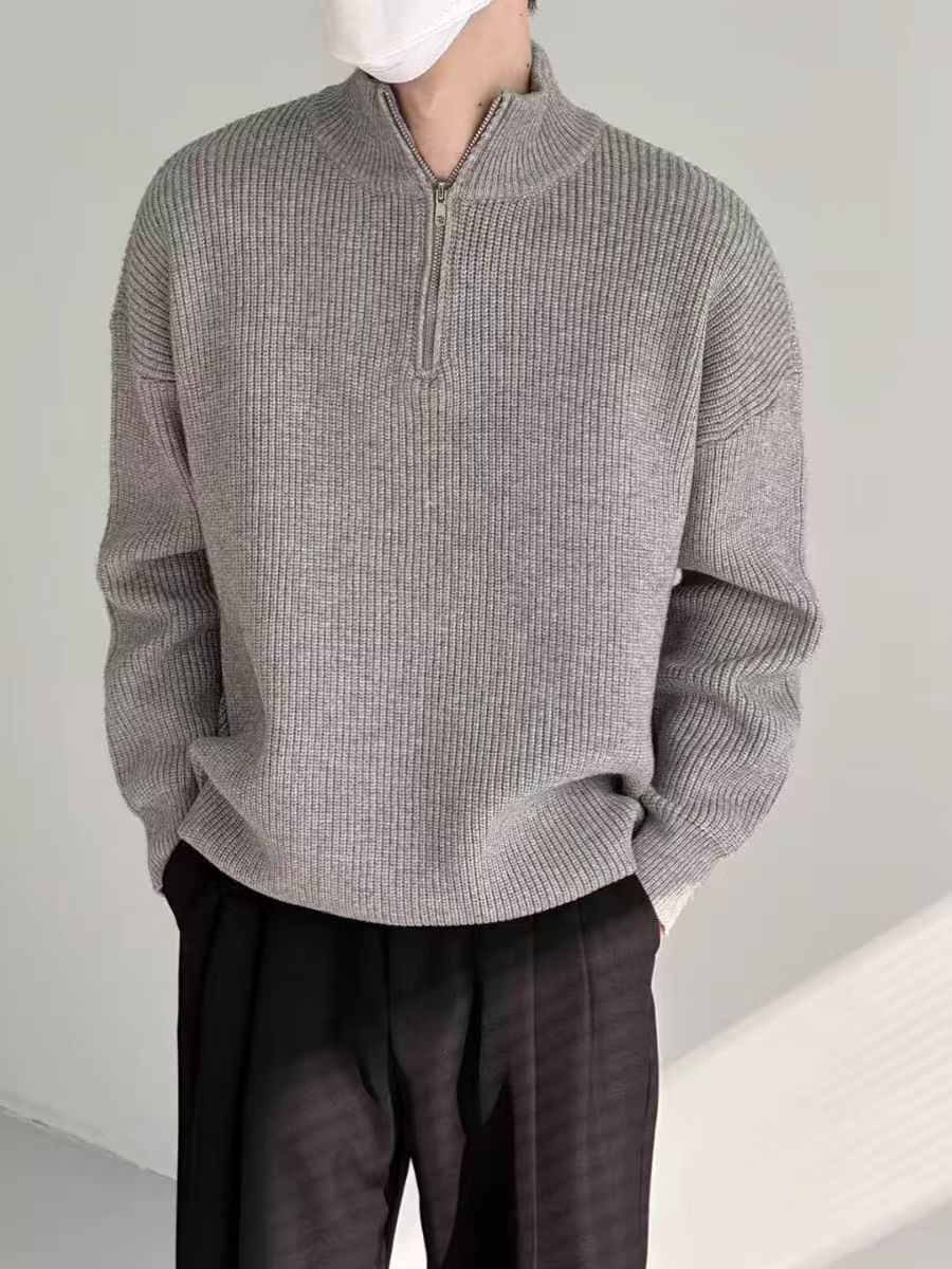 Elegancki Sweter z Pół-Zipem i Prążkowanym Wzorem