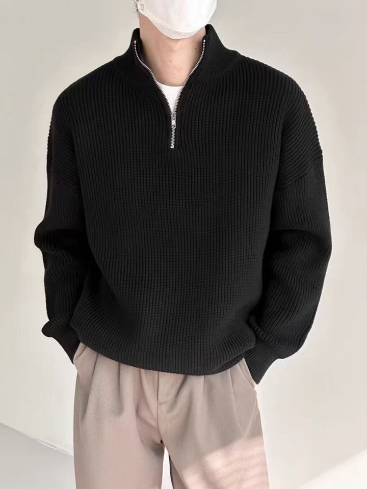 Elegancki Sweter z Pół-Zipem i Prążkowanym Wzorem