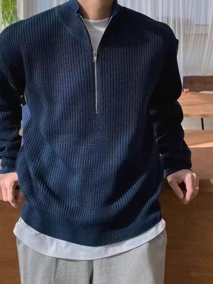 Elegancki Sweter z Pół-Zipem i Prążkowanym Wzorem